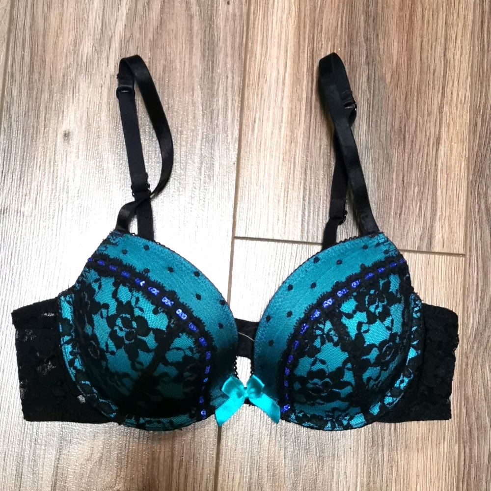 Black & Teal Lace Push Up Bra, 32B